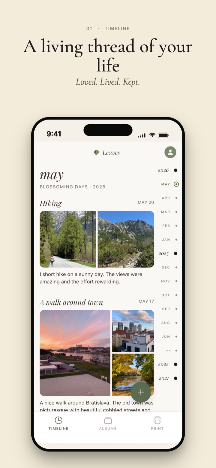 Leaves timeline — a scrollable thread of dated photo journal memories with a year-and-month scrubber