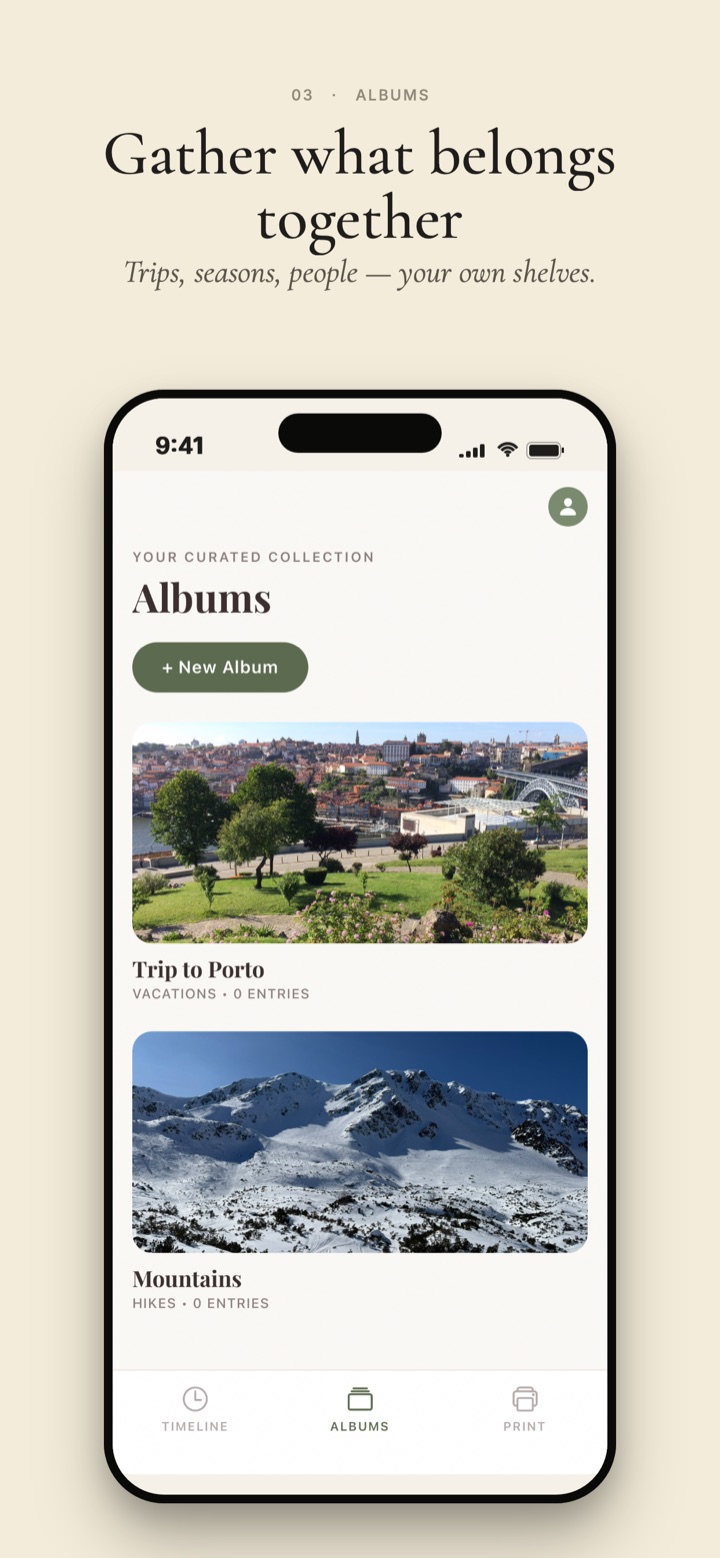 Leaves collections — memories gathered into curated themes like trips and seasons